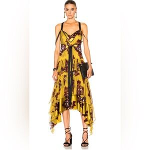 NWOT Cinq a Sept Sable Dress in Chartreuse Multi; Ruffle Hem, 100% Silk, Luxury